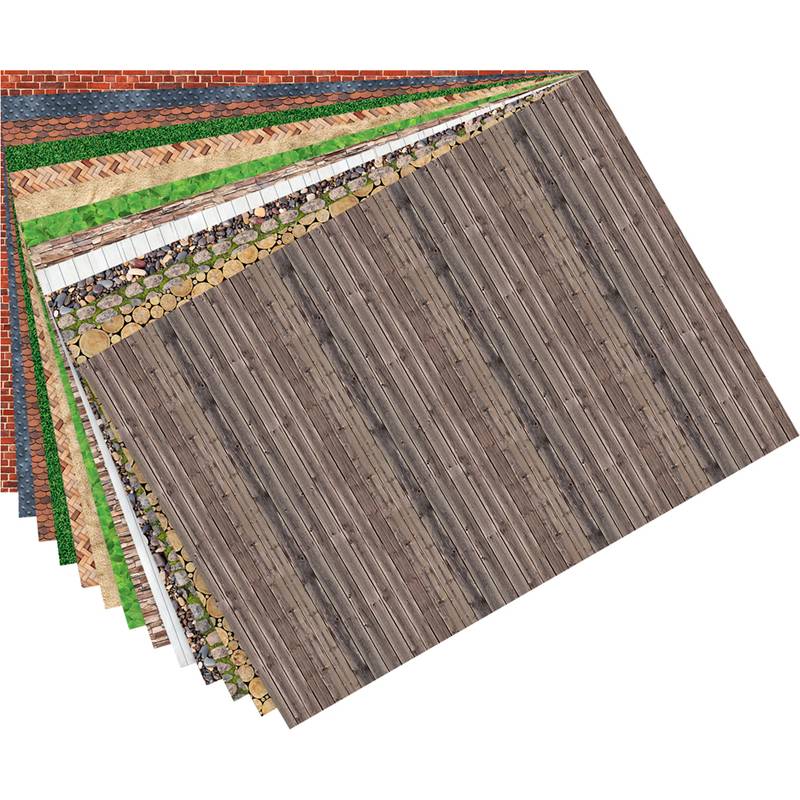 Eine Sammlung verschiedener strukturierter Papierblätter, die mit unterschiedlichen Mustern wie Holz, Ziegel, Gras und Stein gefächert ausgebreitet sind.