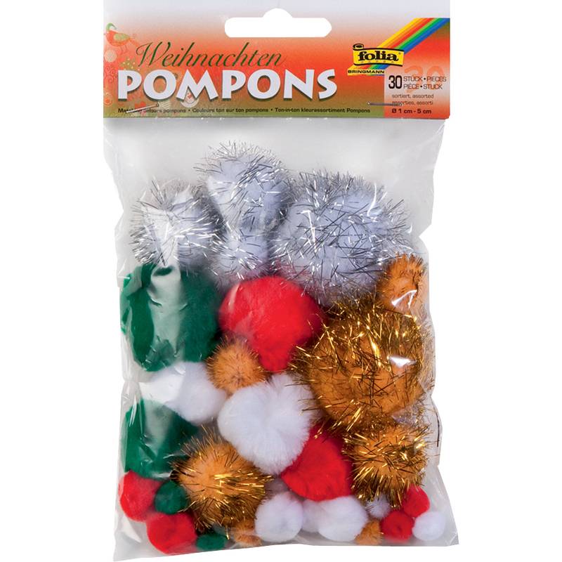 folia Pompons, 30 Stück, Weihnachtsfarben