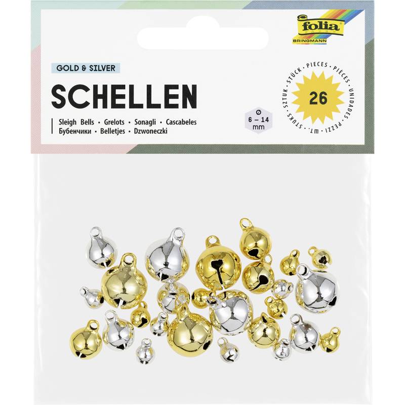 folia Metallglöckchen, 3 Größen sortiert, gold und silber