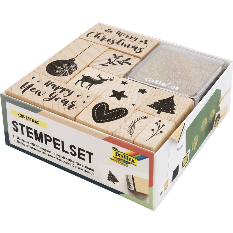 Holz-Weihnachtsstempel-Set in einer Boxen-Kit mit weihnachtlichen Stempeln wie „Merry Christmas