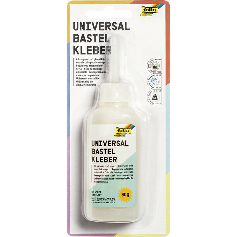 Flasche Folia 'Universal Bastel Kleber' Bastelkleber in Blisterverpackung, gekennzeichnet mit 90 g, mit einer weißen Quetschflasche und spitzem Applikator.