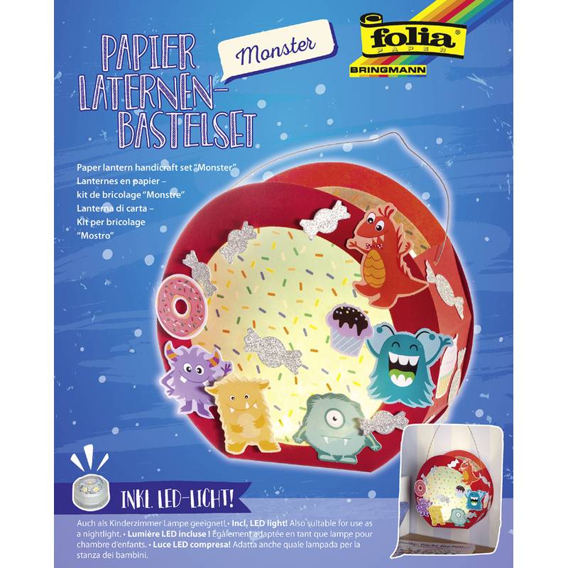 Das Bild zeigt ein 'Papierlaternen-Bastelset Monster' von Folia. Es enthält eine bunte Papierlaterne mit niedlichen Monsterillustration und beinhaltet eine LED-Leuchte. Geeignet zum Basteln für Kinder.