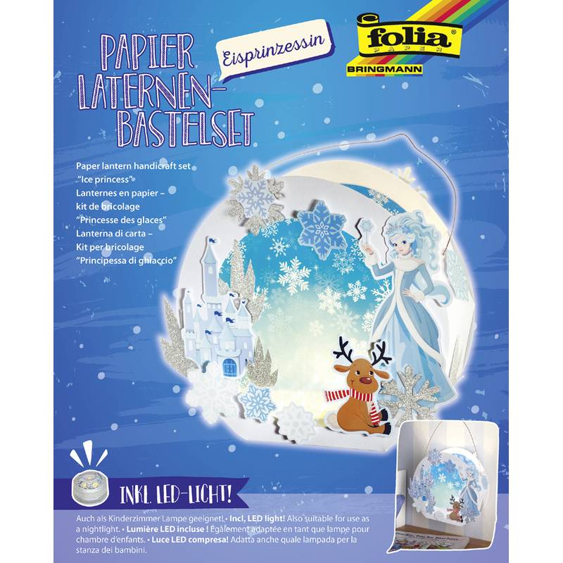 Bastelset Papierlaternen 'Eisprinzessin'. Mit illustrierter Eisprinzessinnen-Szene und LED-Licht, geeignet für Kinder ab 7 Jahren.