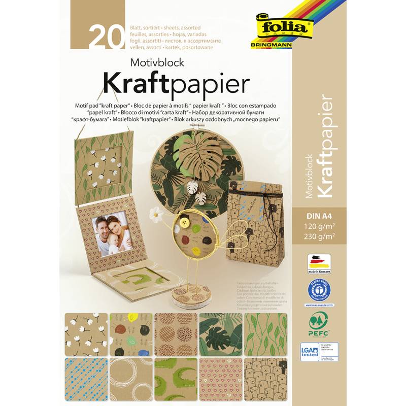 Folia 48898 - Kunstpapier - 230 g/m² - 20 Blätter - Motivblock Kraftpapier II