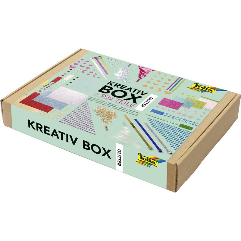 Eine geschlossene Pappbastelbox mit der Aufschrift „KREATIV BOX