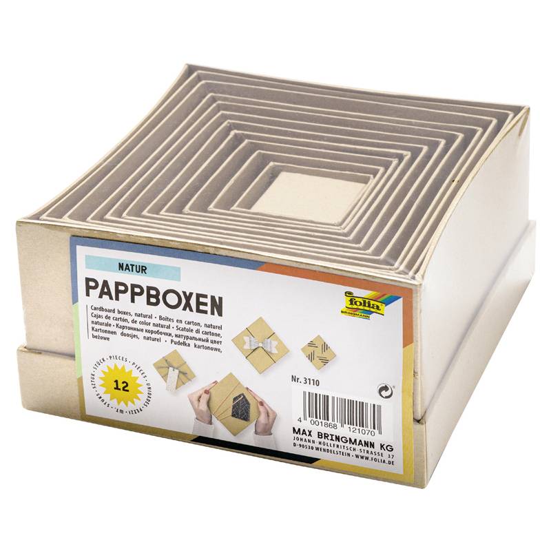 folia Pappboxen NATUR, eckig, 12 Stück sortiert