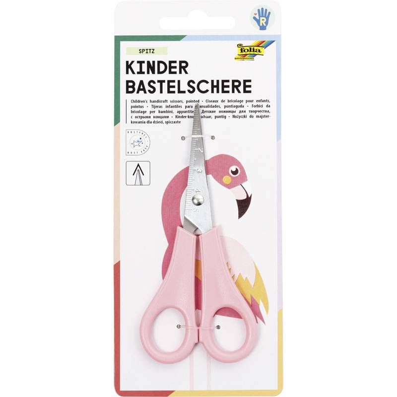 Kinderschere in Verpackung mit einem Hintergrunddesign eines rosa Flamingos.