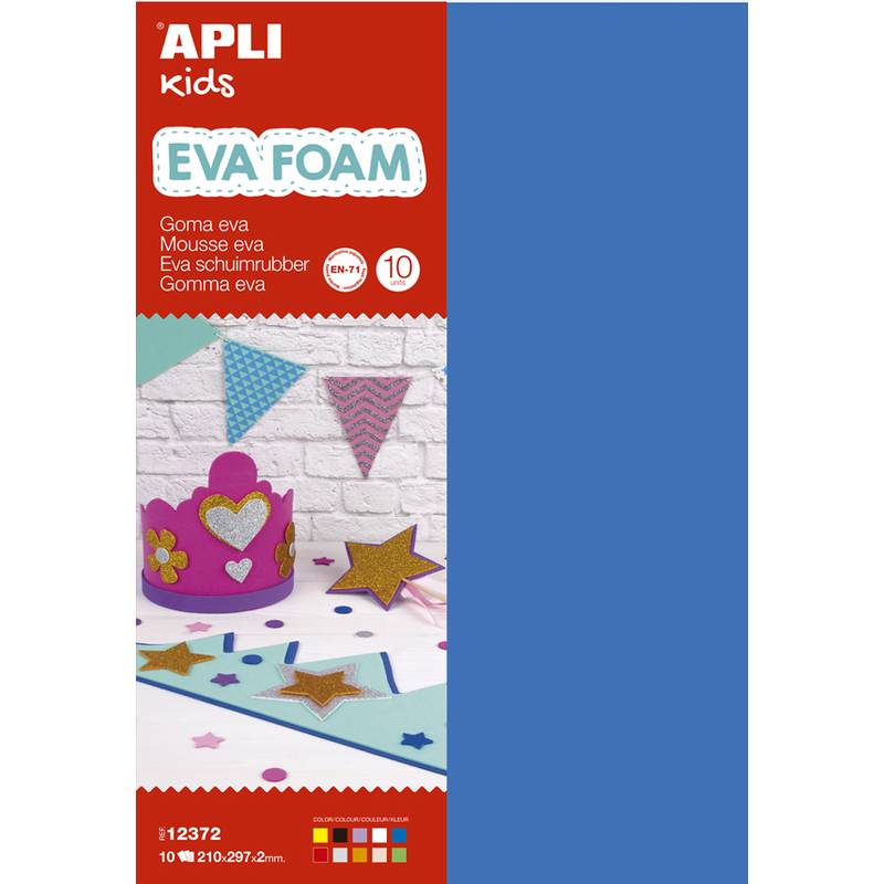 Ein rotes Paket mit der Aufschrift 'APLI Kids EVA Foam'. Es enthält blaue Moosgummiplatten im Format 210x297mm, zum Basteln. Mit Vorschlag zur Kronen-Dekoration.