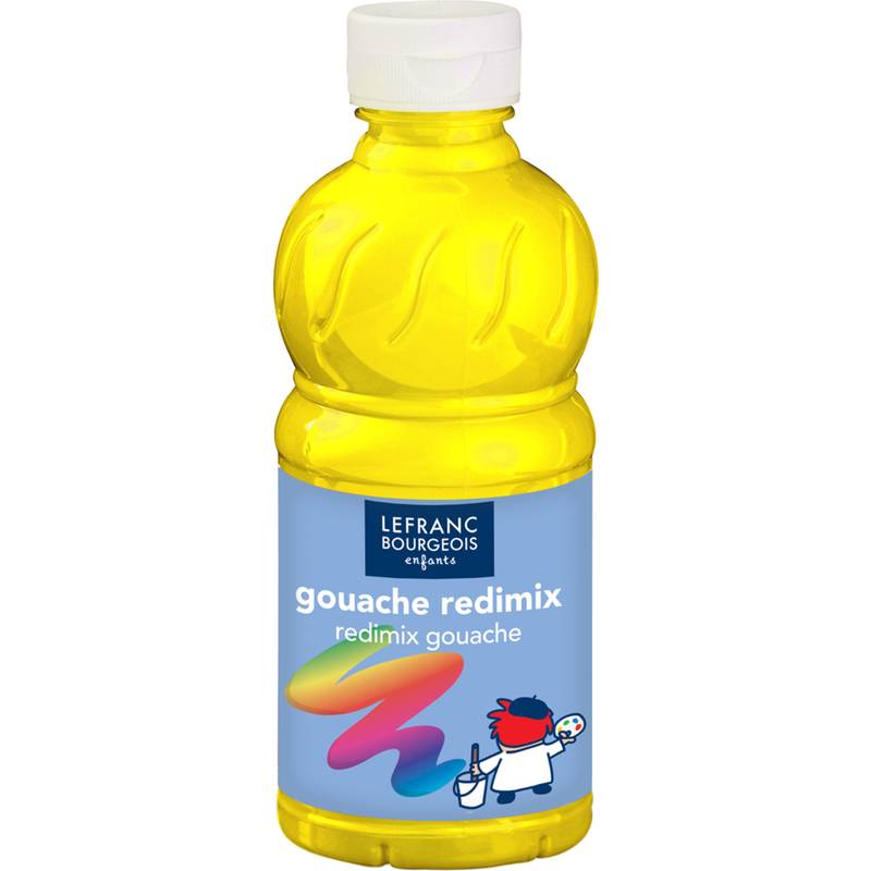 Flasche mit gelber Gouache-Farbe, gekennzeichnet mit 'Lefranc Bourgeois Enfants - gouache redimix', mit einem farbenfrohen abstrakten Design und einer Cartoon-Figur.