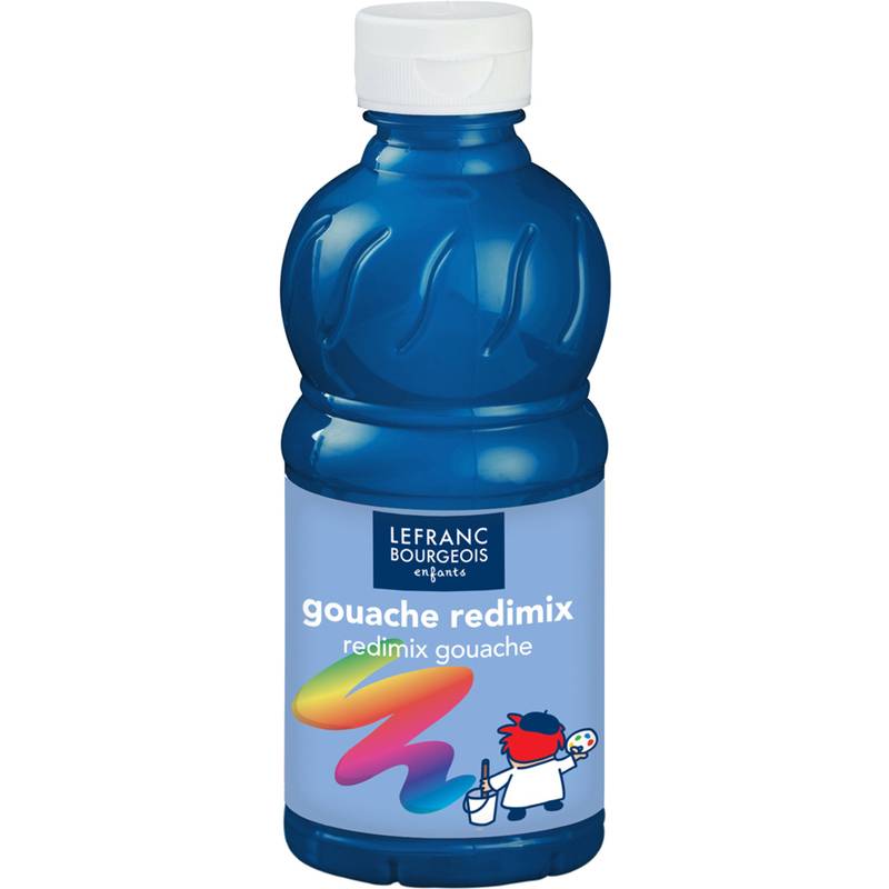 Blaue Flasche der Lefranc Bourgeois Redimix Gouache-Farbe mit buntem Paletten-Logo und einer Kinderillustration, die einen Pinsel hält.
