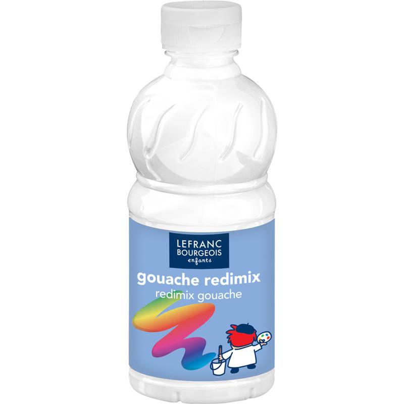Eine Plastikflasche mit der Aufschrift 'Lefranc Bourgeois Gouache Redimix', umgeben von bunten Farbspritzern und einem Malercharakter, der eine Palette hält.