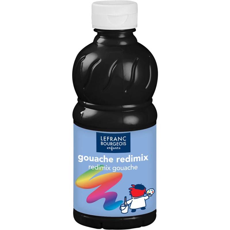 Eine Flasche Lefranc Bourgeois Gouache Redimix Farbe mit einem blauen Etikett, das bunte Pinselstriche und eine kleine Charakterillustration zeigt.