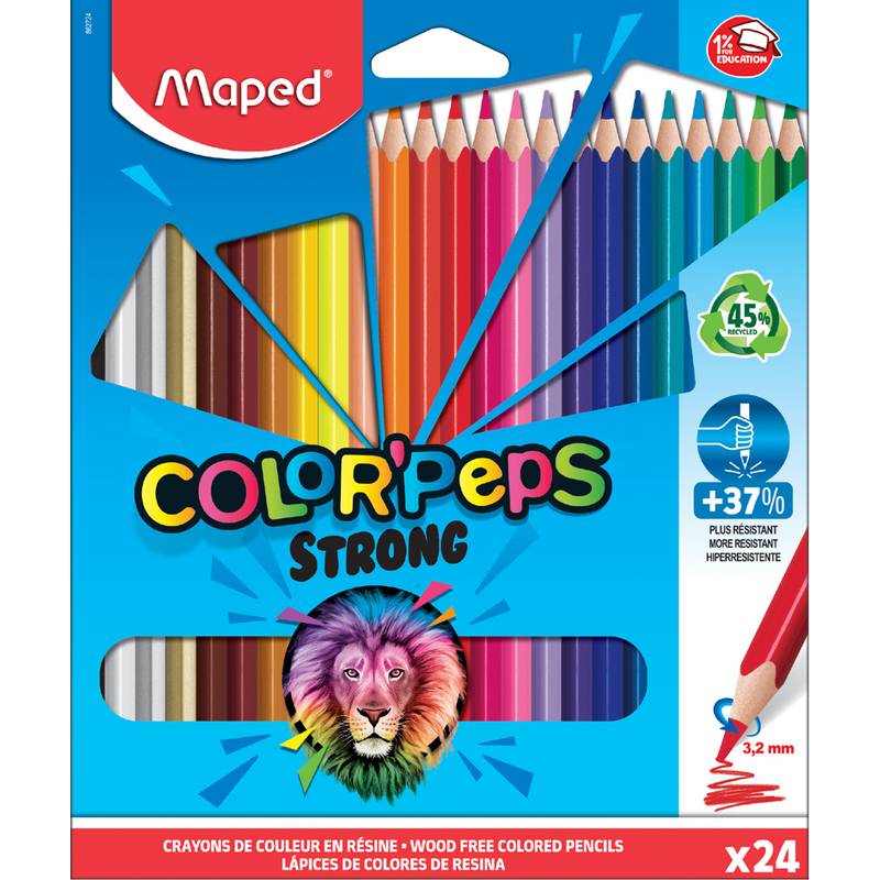 Packung mit 24 Stück Maped 'ColorPeps Strong' holzfreien Buntstiften mit Regenbogen-Stifthalter und Löwenlogo.