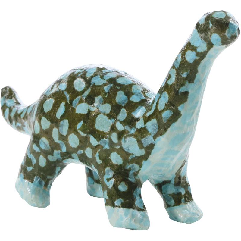 Eine kleine Keramik-Dinosaurier-Skulptur mit langem Hals, dunkelgrüner Grundfarbe und hellblauen Punkten. Sie steht auf allen vier Beinen.