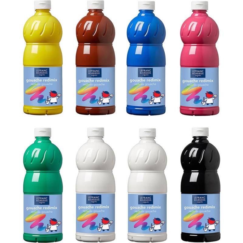 Verschiedene Gouache-Farbflaschen in Gelb, Rot, Blau, Rosa, Grün, Weiß und Schwarz, die jeweils mit dem Etikett „Gouache Redimix