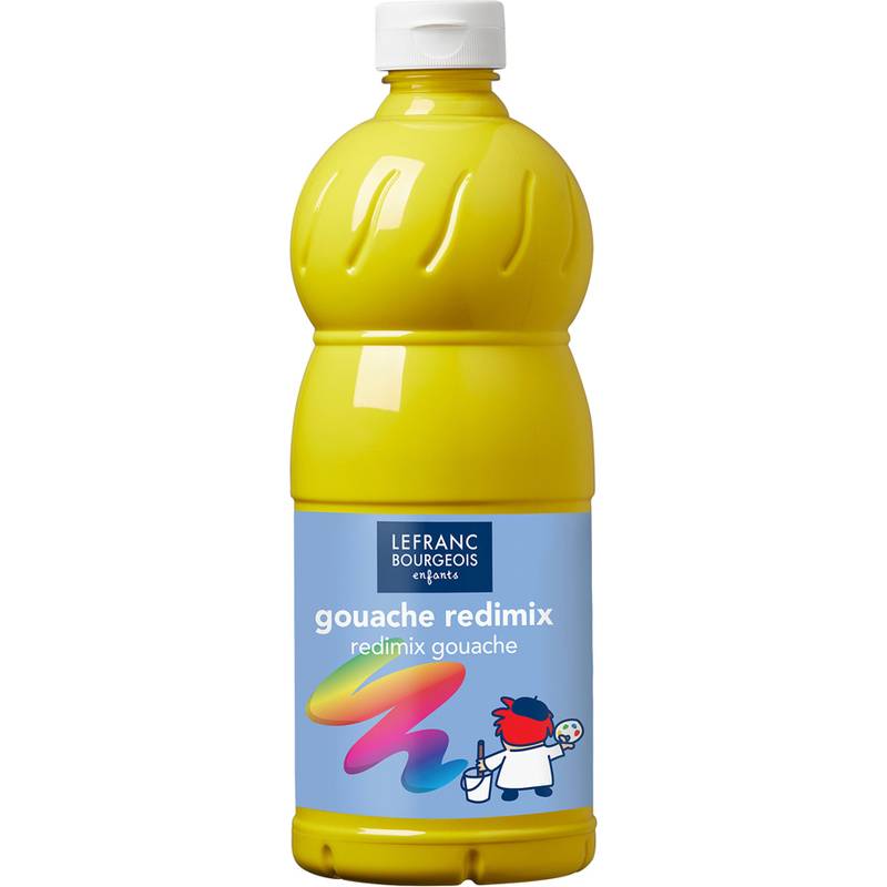 Gelbe Flasche mit Lefranc Bourgeois Gouache Redimix Farbe mit einem farbenfrohen Etikett, das eine Malerfigur zeigt.