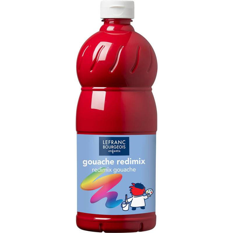 Eine Flasche Lefranc Bourgeois rote Gouache-Farbe, beschriftet mit ‚Gouache Redimix'. Das Etikett zeigt einen Farbspritzer und eine kleine Figur mit Barett.