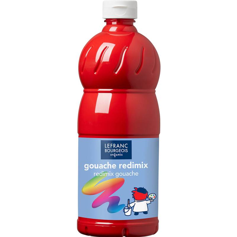 Rote Flasche von Lefranc Bourgeois 'Gouache Redimix', mit einer farbenfrohen Palettenillustration und einer Cartoon-Figur, die malt.