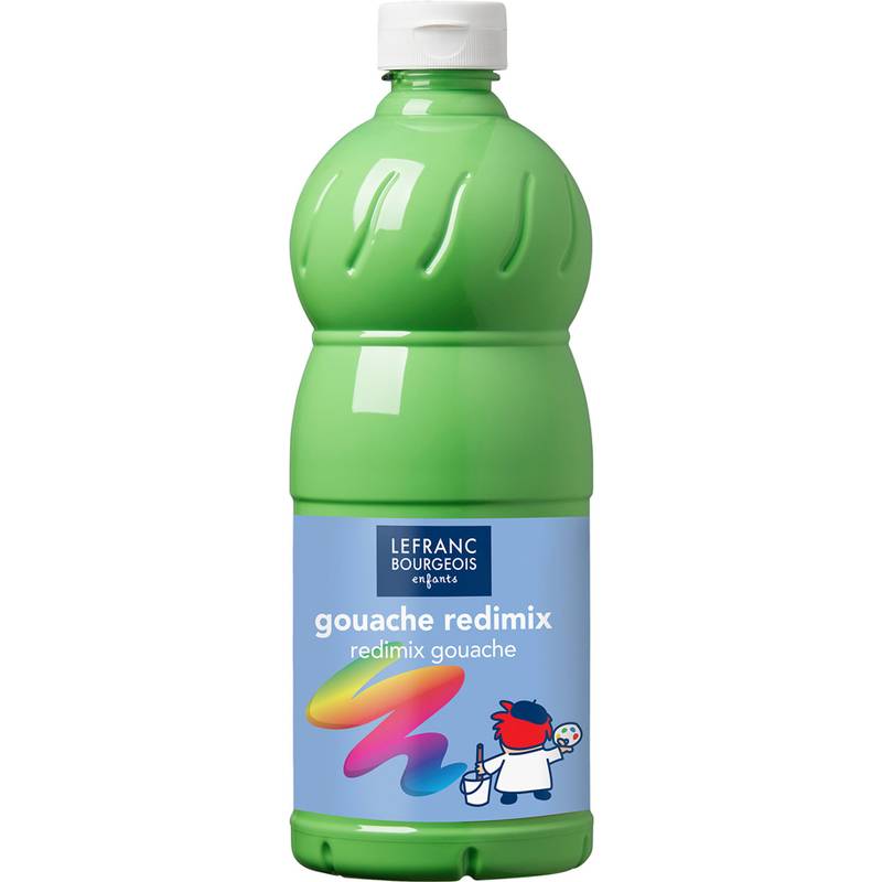 Eine grüne Flasche mit Gouache-Farbe von 'Lefranc Bourgeois', beschriftet mit 'gouache redimix', mit bunter Kunstwerk und einer Malerei-Illustration auf dem Etikett.