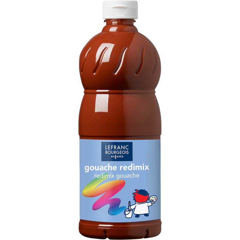 Eine Flasche Gouache-Farbe Redimix von Lefranc Bourgeois in Rot, mit einer verspielten Illustration auf dem Etikett.
