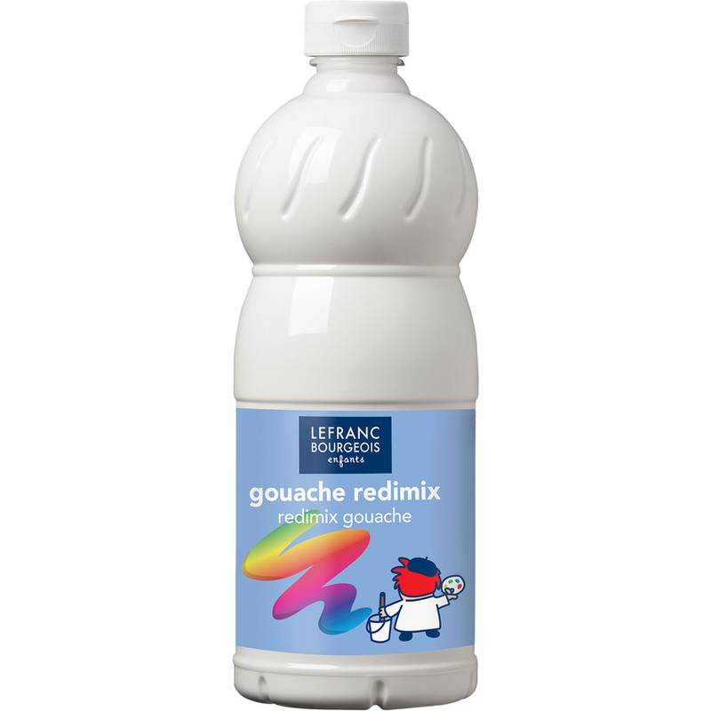 Flasche Lefranc Bourgeois Gouache Redimix, weiß mit einer bunten Etikette, die eine Künstlerpalette und Pinselillustration zeigt.