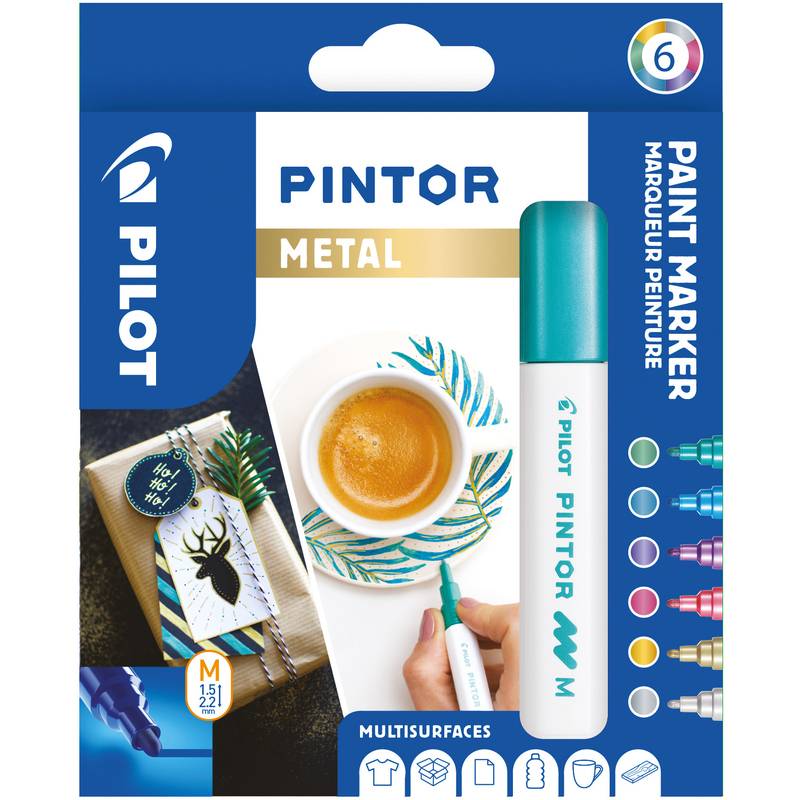 PILOT Pigmentmarker PINTOR, medium, 6er Set "METAL"