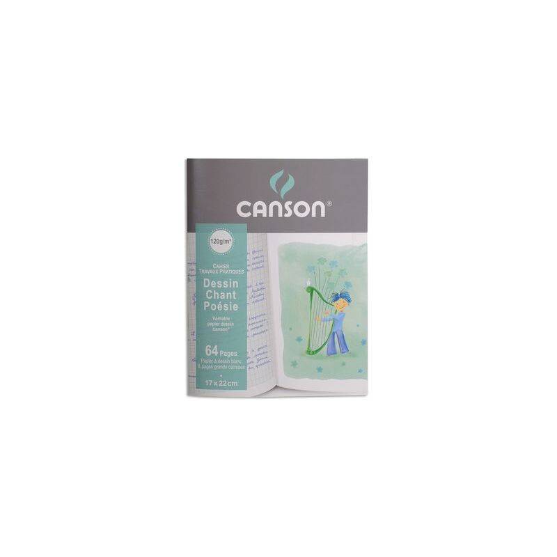 CANSON Zeichenblock mit einer Coverillustration eines Kindes, das eine Harfe spielt. Enthält 64 Seiten, geeignet für verschiedene Medien, 17x22 cm.