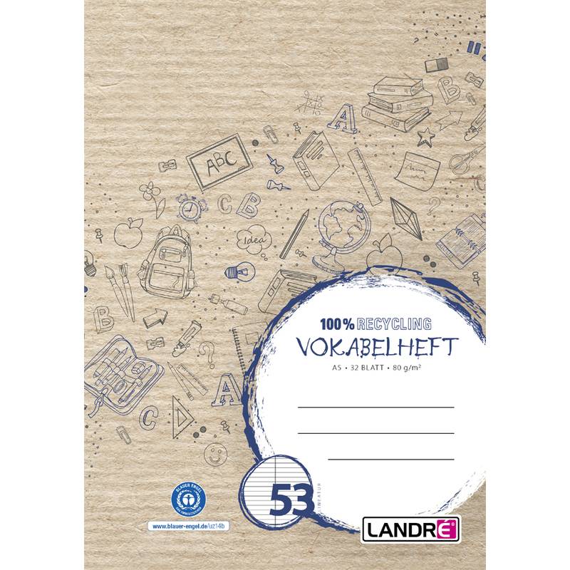 Ein Notizbucheinband mit einer Beschriftung '100% Recycling Vokabelheft', umgeben von Kritzeleien von Schulmaterialien und Bildungssymbolen auf einem beigen Hintergrund.