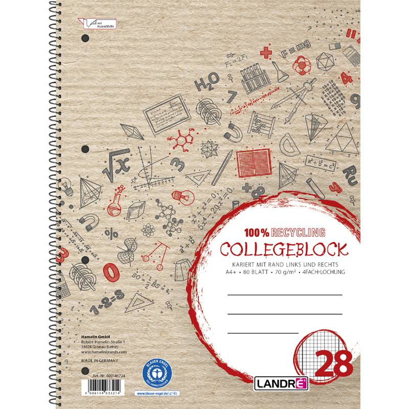 LANDRÉ Collegeblock Recycling, DIN A4, kariert, 80 Blatt