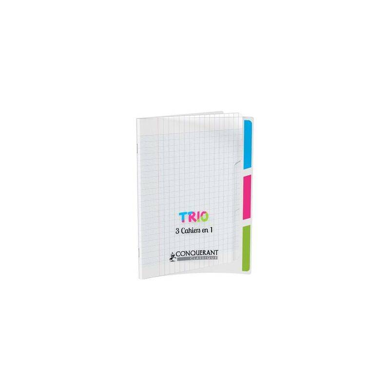 Notizbuch mit weißer Umschlagseite, betitelt als 'Trio 3 Cahiers en 1' von Conquerant, mit drei farbigen Registerkarten auf der rechten Seite: rosa, blau und grün.