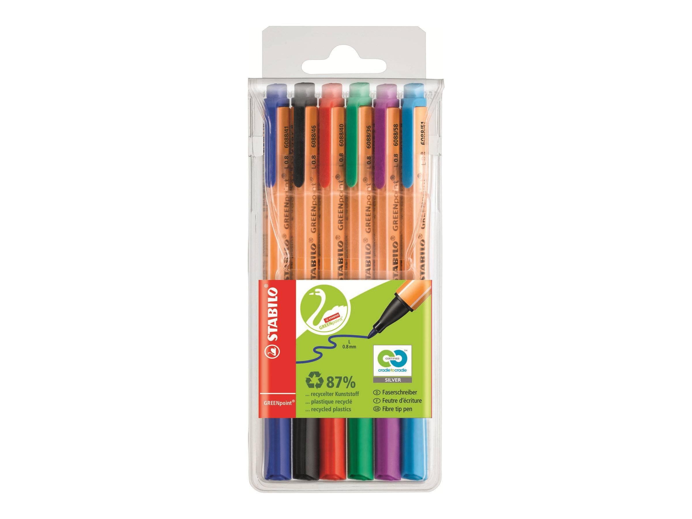 STABILO GREENpoint - Filzstift - Schwarz, Rot, Blau, Grün, Türkis, fliederfarben  - 0.8 mm - groß (Packung mit 6)