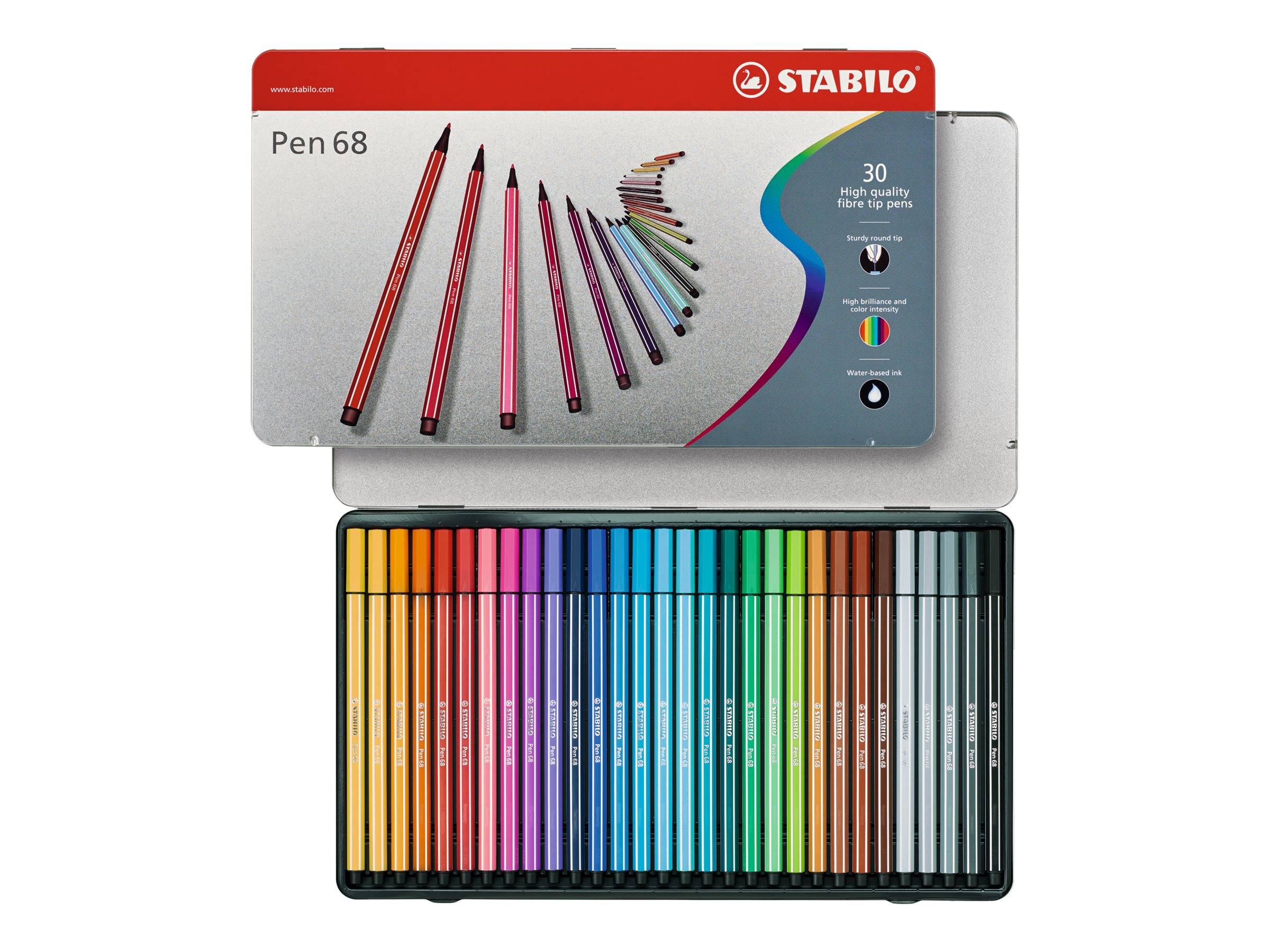 Offene STABILO Pen 68 Marker-Serie mit 30 verschiedenfarbigen Filzstiftpennern, die in einem Regenbogenfarbverlauf in einer Metalldose angeordnet sind.