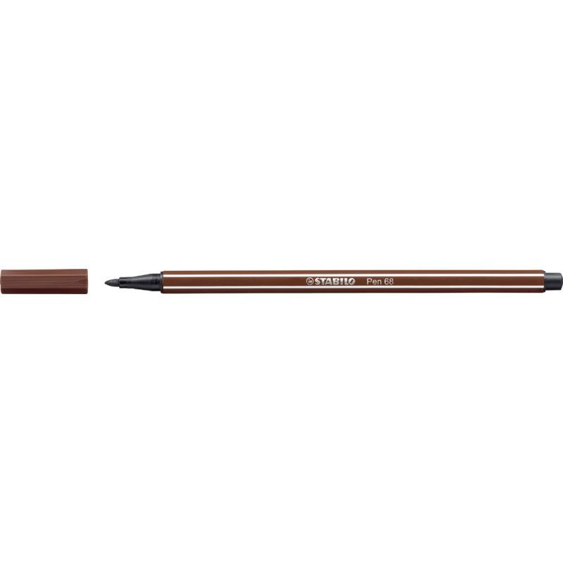 Brauner STABILO Pen 68 Filzstift mit abgenommener Kappe, der die schwarze Spitze und den braunen Schaft auf weißem Hintergrund zeigt.