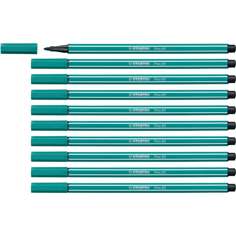 Zehn türkisfarbene STABILO Pen 88 Faserstifte, einer ohne Kappe mit freiliegender Spitze, horizontal auf weißem Hintergrund angeordnet.
