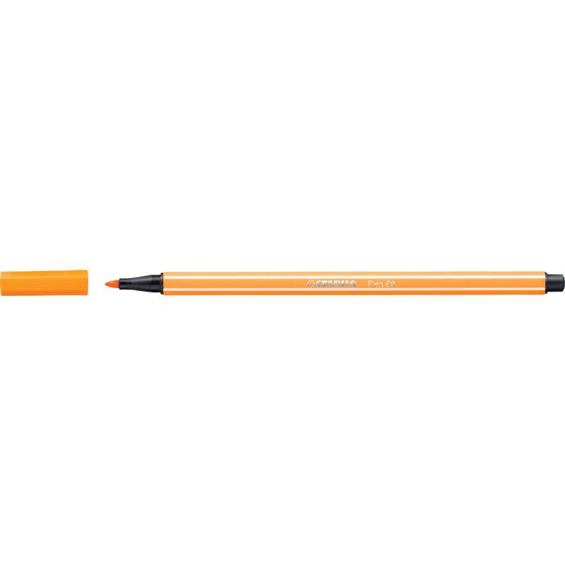 Ein orangefarbener Stift mit schwarzer Spitze und schwarzem Deckel, abgenommen und daneben gelegt. Der Stift trägt die Marke 'STABILO' und das Modell 'point 88'.