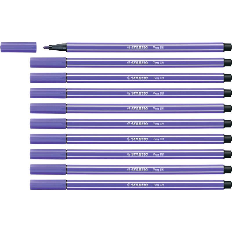 Stabilo Pen 68 in Violett, in einer Zwölferpackung gezeigt, wobei ein Stiftdeckel entfernt ist. Die Stifte sind horizontal in parallelen Reihen ausgerichtet.