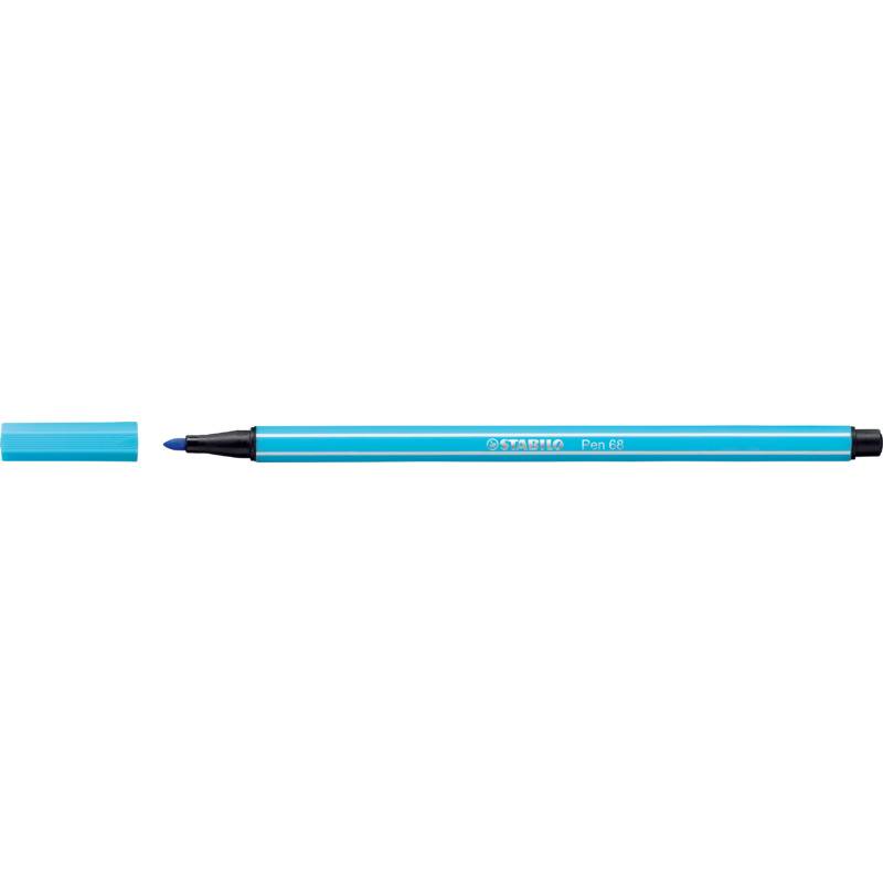 Blauer Stift mit entfernter Kappe, zeigt die Stiftspitze und den langen türkisfarbenen Schaft auf weißem Hintergrund.