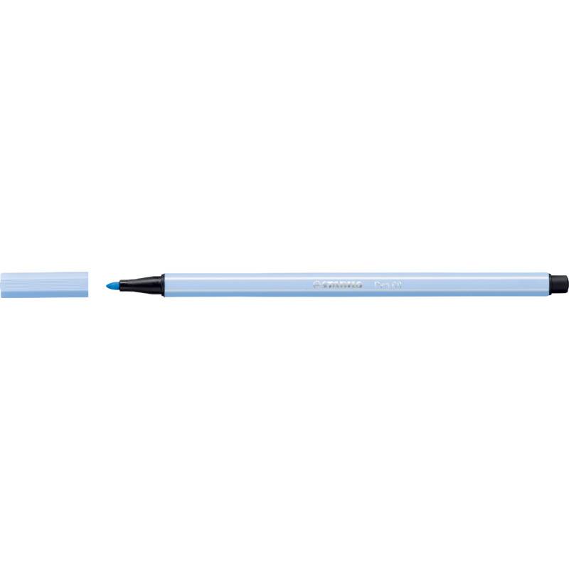 Ein hellblauer Stift mit einer schwarzen Spitze und abgenommenem Deckel, der daneben liegt. Der Stift ist zylindrisch mit schlichtem Design, geeignet zum Schreiben.