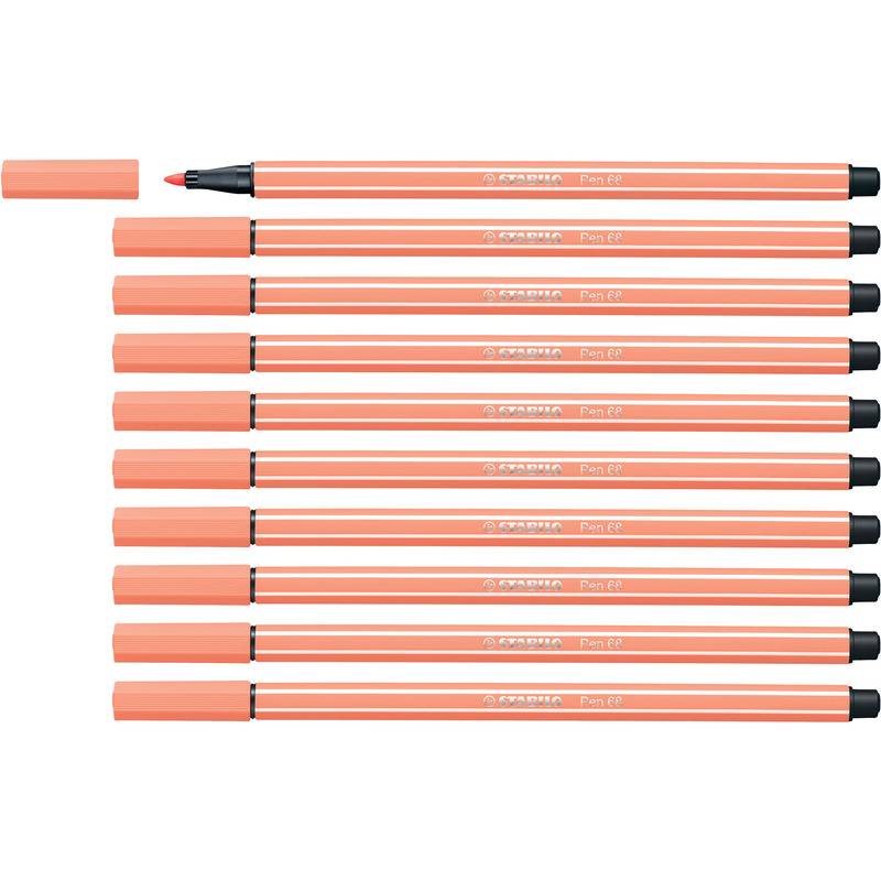 Neun korallenrot-orange Stifte mit Kappen, einer oben ohne Kappe, horizontal auf weißem Hintergrund angeordnet.