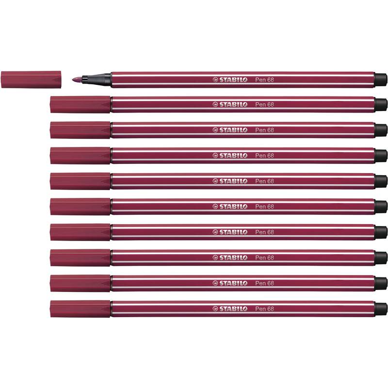 Neun burgunderrote STABILO Pen 68 Marker in einer Reihe angeordnet, einer ohne Kappe mit sichtbarer Spitze und acht mit Kappe.