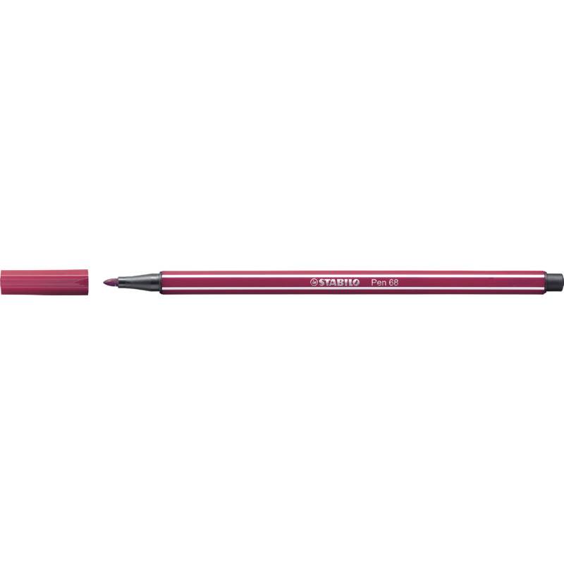 Maroon Stabilo Pen 68 Fasermaler mit abgenommener Kappe, zeigt die Stiftspitze auf weißem Hintergrund.