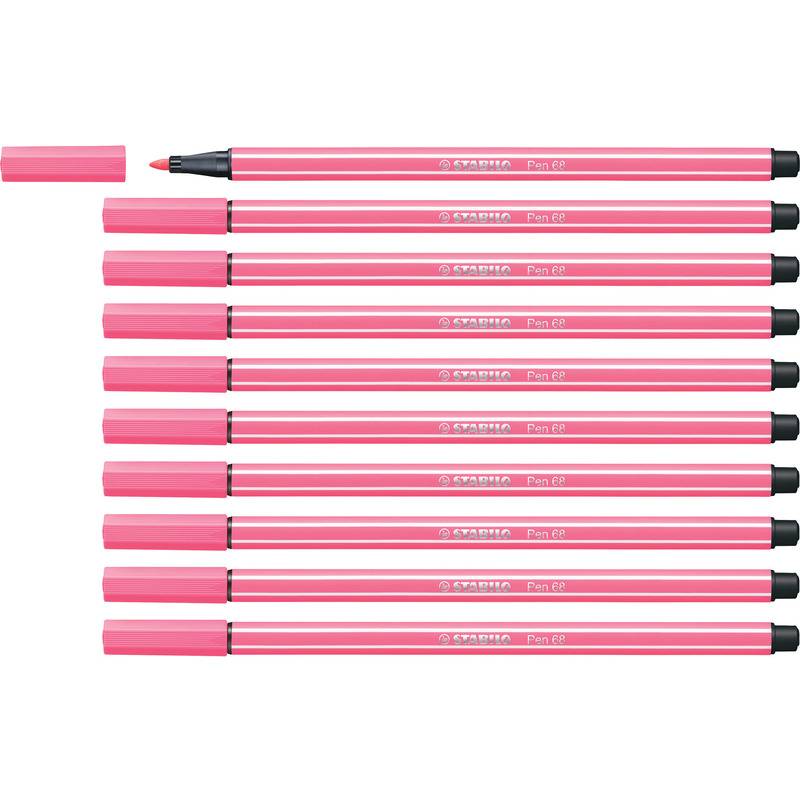 Eine Reihe von elf rosa Fineliner-Stiften, wobei einer ohne Deckel ist und die Spitze sichtbar ist.