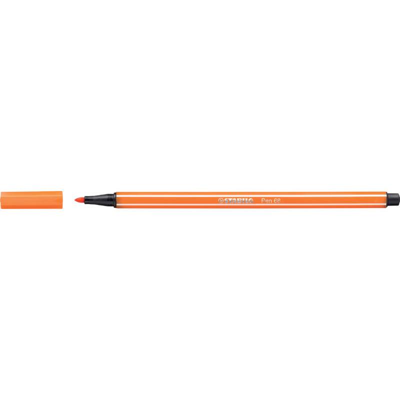 Orange-Marker mit feiner Spitze und entfernter Kappe, zeigt die rote Filzspitze und schwarze Endkappe auf weißem Hintergrund.