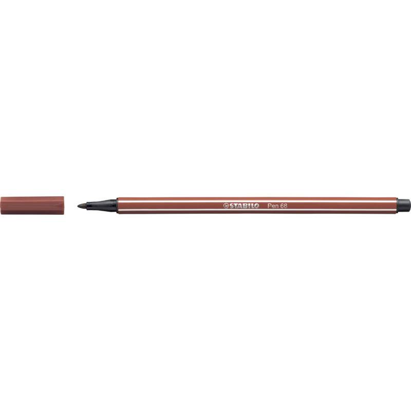 Brauner STABILO Pen 68 Filzstift mit entfernter Kappe, horizontal auf weißem Hintergrund dargestellt.