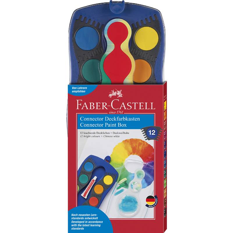 Faber-Castell Connector Malkasten, gezeigt mit 12 leuchtenden Wasserfarben, Pinsel und Mischpalette.