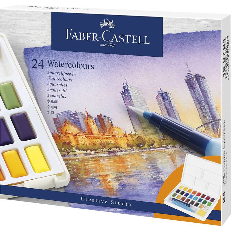 Eine 'Faber-Castell 24 Watercolours'-Schachtel, die lebendige Aquarellfarben und einen Pinsel zeigt, mit einer gemalten Stadtlandschaft im Hintergrund.
