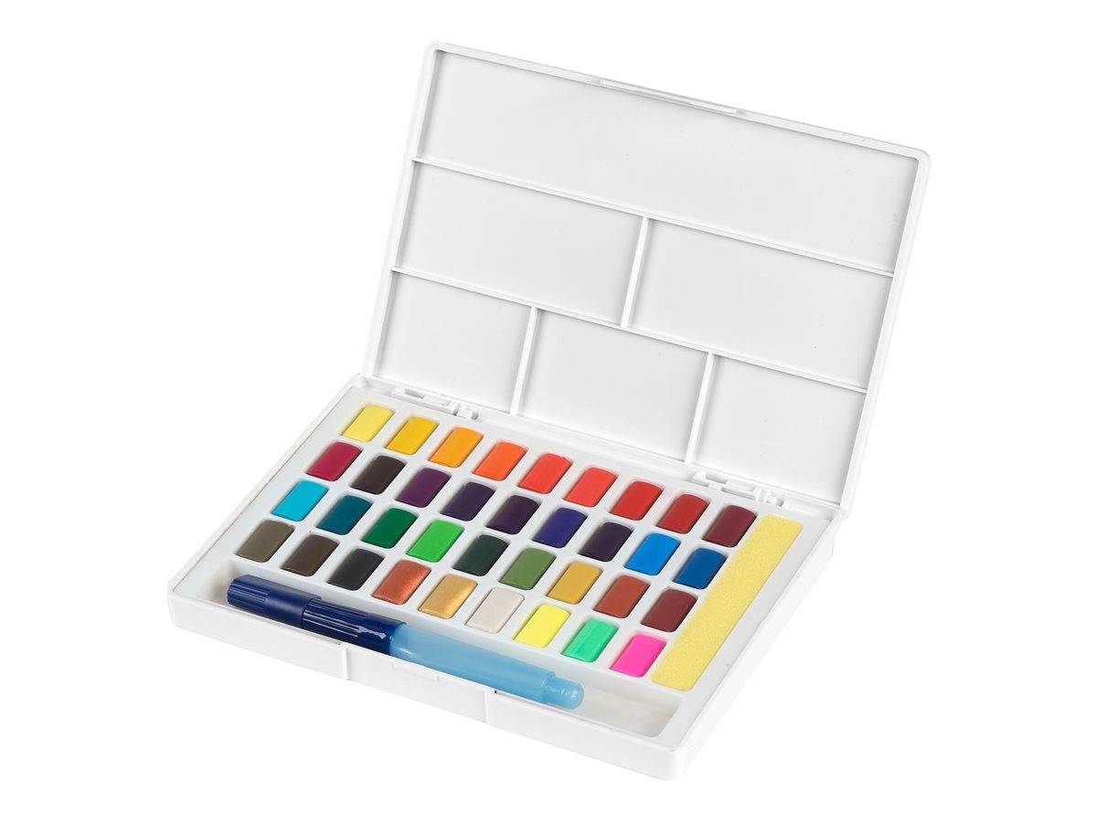 Offene Aquarellfarbenpalette in einem weißen Kunststoffkasten mit mehreren Farbpans und zwei Pinseln