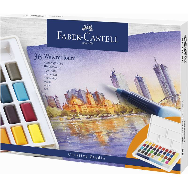Faber-Castell Aquarellset mit 36 Farben, inklusive eines Stadtlandschaftsgemäldes mit hohen Gebäuden an einem Fluss.