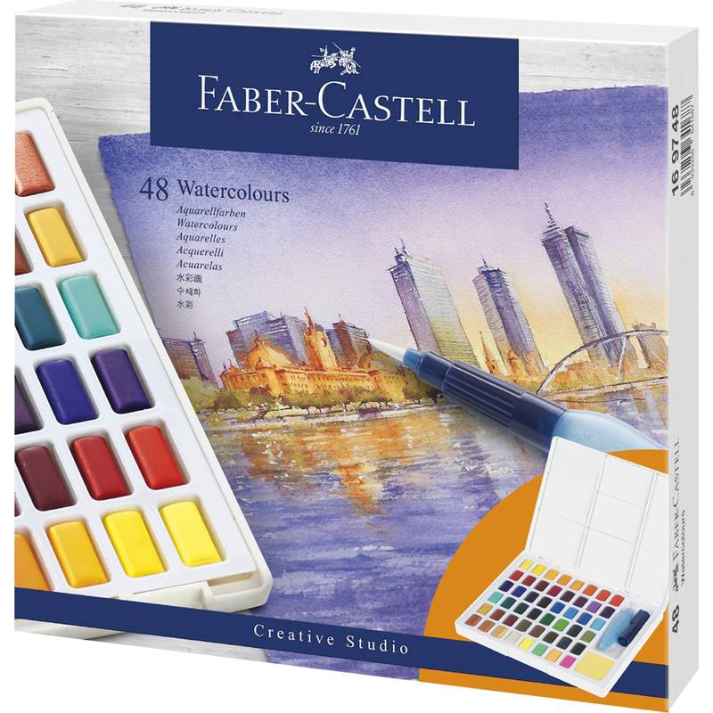 Faber-Castell Aquarellfarben-Set mit 48 Farben, inklusive einer Palette, einem Pinsel und einer Stadtsilhouette-Malerei auf der Verpackung.