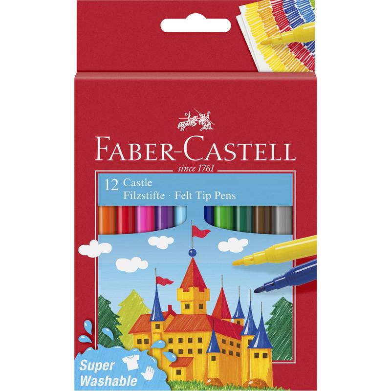 Faber-Castell Filzstifte, 12 Farben, präsentiert mit einer bunten Schlosszeichnung; Verpackung zeigt Stifte und farbenfrohe Shirts.